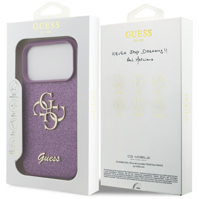 Husa Guess Fixed Glitter Big 4G iPhone 17 Pro Max cu sclipici, violet, GUHCP17XHG4SGL