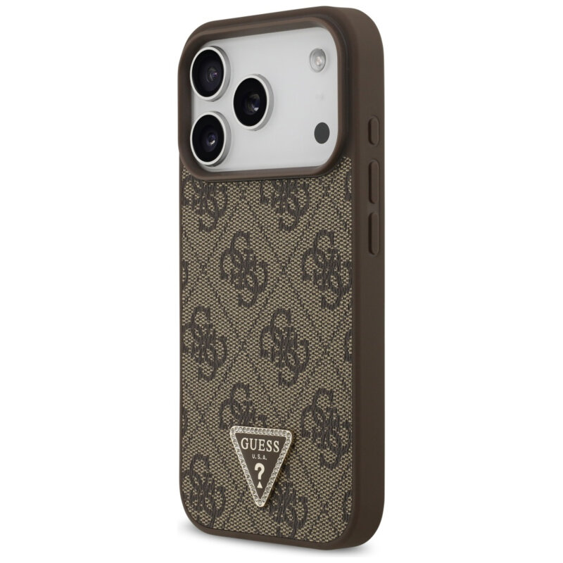 Husa iPhone 17 Pro Guess Leather 4G Triangle Strass MagSafe, maro, GUHMP17LP4TDPLW