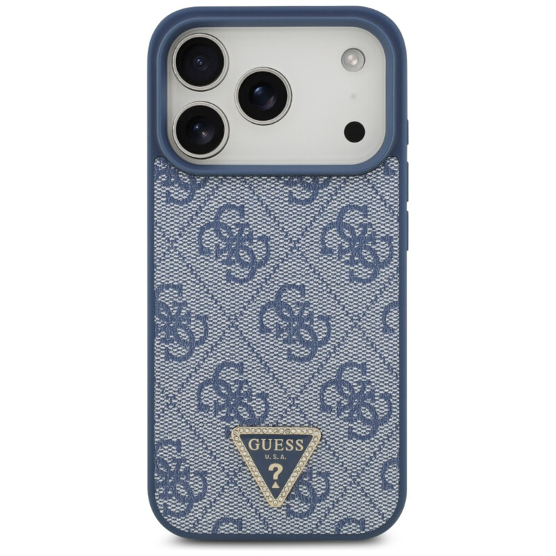 Husa iPhone 17 Pro Guess Leather 4G Triangle Strass MagSafe, albastru, GUHMP17LP4TDPLB