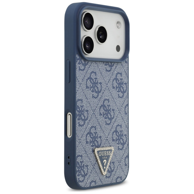 Husa iPhone 17 Pro Guess Leather 4G Triangle Strass MagSafe, albastru, GUHMP17LP4TDPLB