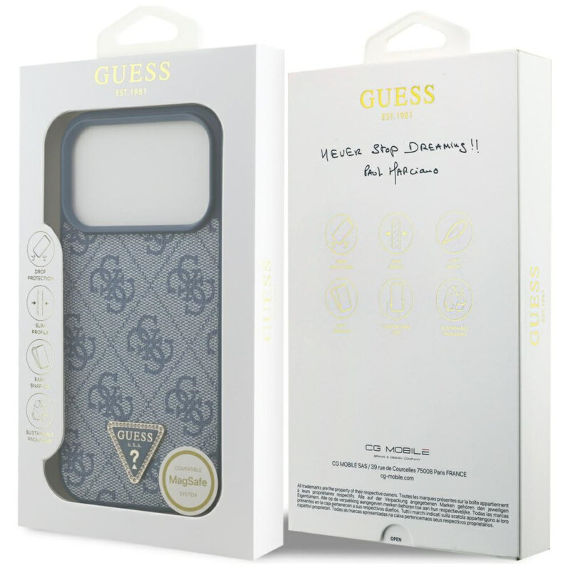 Husa iPhone 17 Pro Guess Leather 4G Triangle Strass MagSafe, albastru, GUHMP17LP4TDPLB