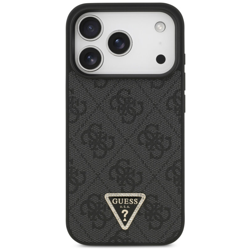 Husa iPhone 17 Pro Max Guess Leather 4G Triangle Strass MagSafe, negru, GUHMP17XP4TDPLK