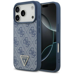 Husa iPhone 17 Pro Max Guess Leather 4G Triangle Strass MagSafe, albastru, GUHMP17XP4TDPLB