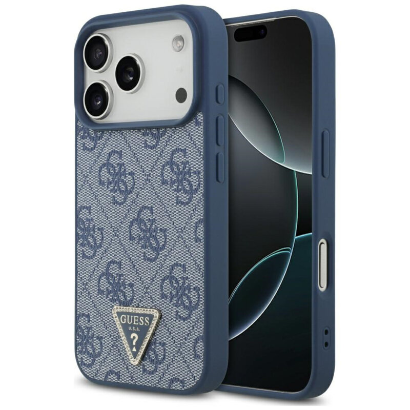 Husa iPhone 17 Pro Max Guess Leather 4G Triangle Strass MagSafe, albastru, GUHMP17XP4TDPLB