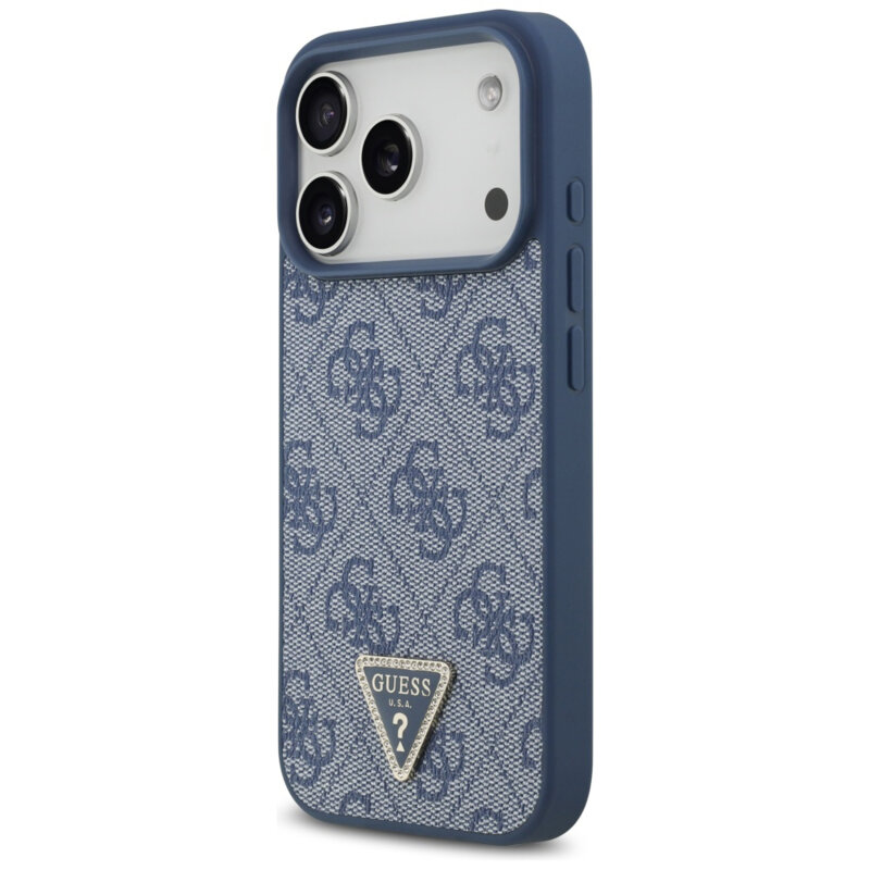 Husa iPhone 17 Pro Max Guess Leather 4G Triangle Strass MagSafe, albastru, GUHMP17XP4TDPLB
