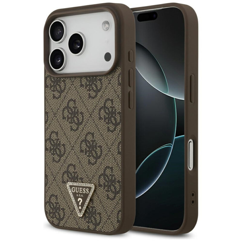 Husa iPhone 17 Pro Max Guess Leather 4G Triangle Strass MagSafe, maro, GUHMP17XP4TDPLW
