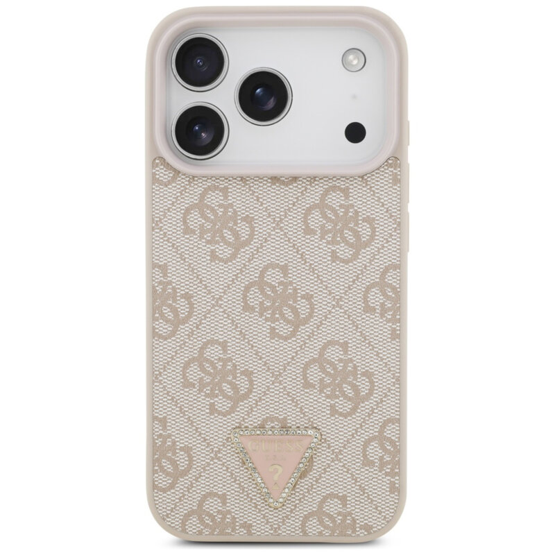 Husa iPhone 17 Pro Max Guess Leather 4G Triangle Strass MagSafe, roz, GUHMP17XP4TDPLP
