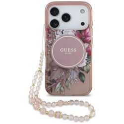 Husa iPhone 17 Pro originala Guess IML Flowers with Pearl Strap MagSafe, roz, GUHMP17LHFWBRCESP