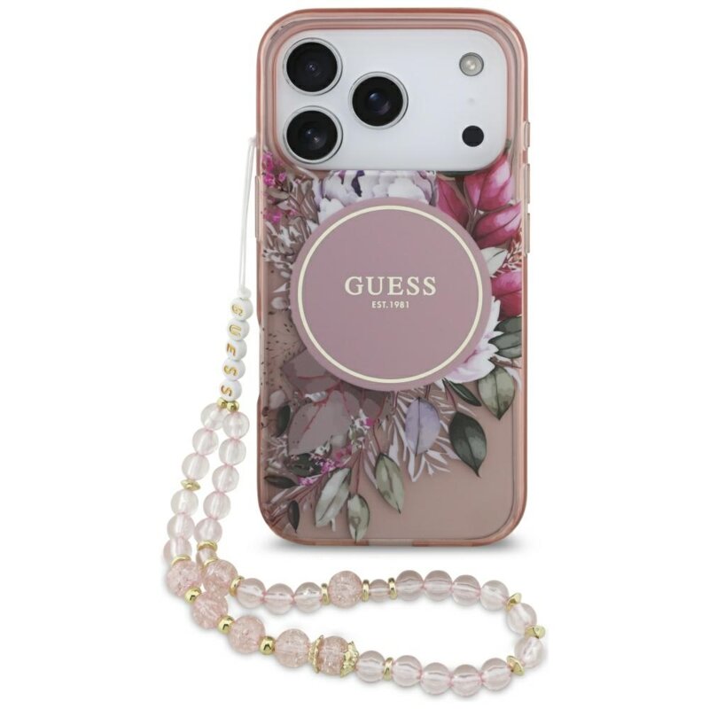 Husa iPhone 17 Pro originala Guess IML Flowers with Pearl Strap MagSafe, roz, GUHMP17LHFWBRCESP