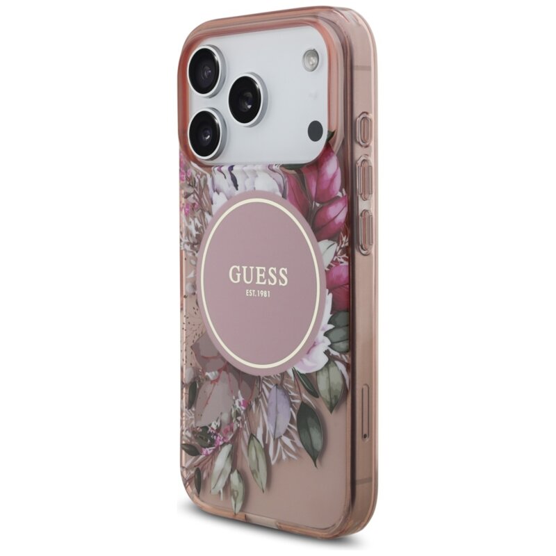 Husa iPhone 17 Pro originala Guess IML Flowers with Pearl Strap MagSafe, roz, GUHMP17LHFWBRCESP