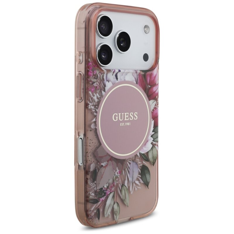 Husa iPhone 17 Pro originala Guess IML Flowers with Pearl Strap MagSafe, roz, GUHMP17LHFWBRCESP