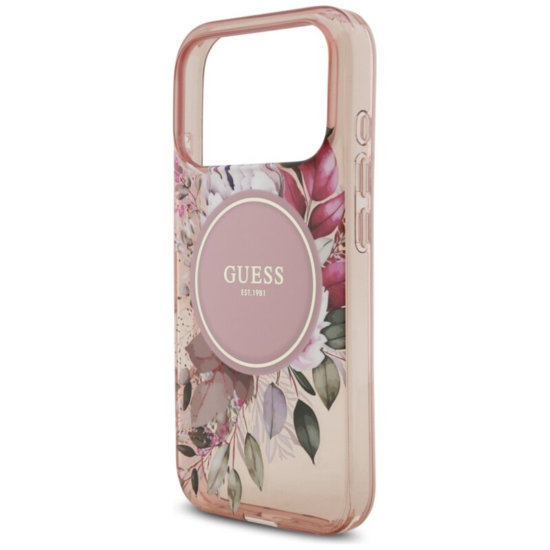 Husa iPhone 17 Pro originala Guess IML Flowers with Pearl Strap MagSafe, roz, GUHMP17LHFWBRCESP