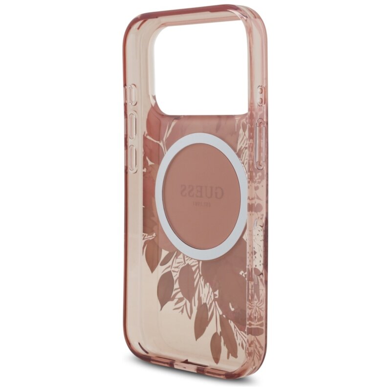 Husa iPhone 17 Pro originala Guess IML Flowers with Pearl Strap MagSafe, roz, GUHMP17LHFWBRCESP