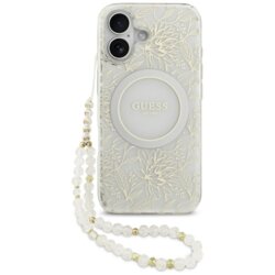 Husa iPhone 17 originala Guess IML Flowers with Pearl Strap MagSafe, alb,