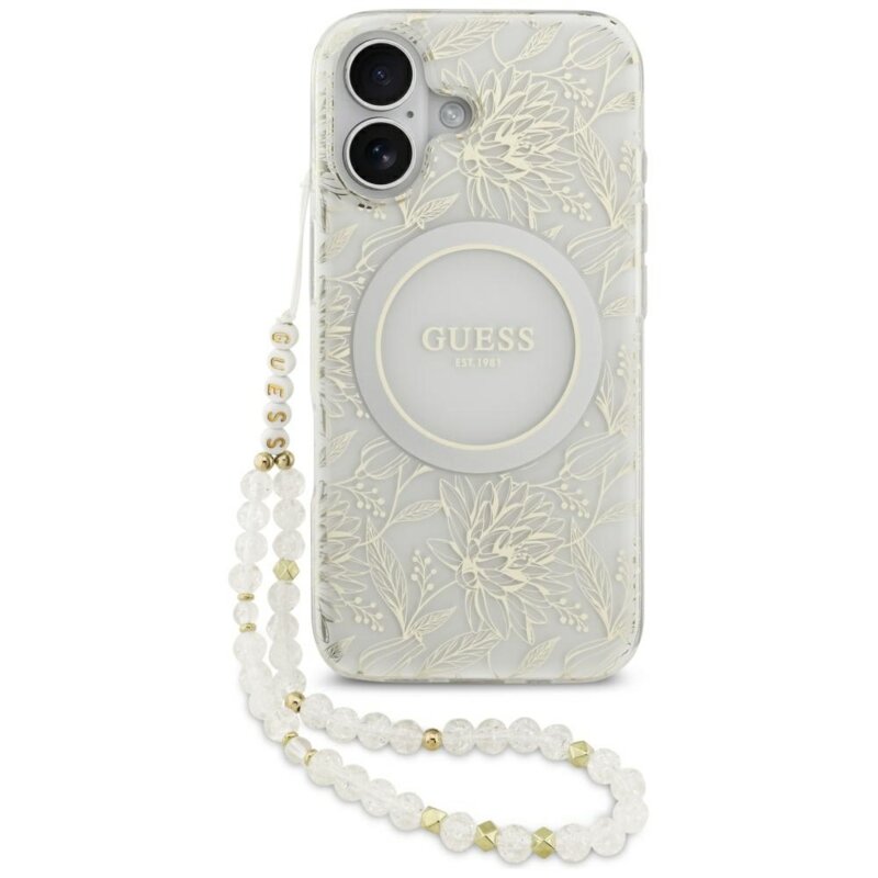 Husa iPhone 17 originala Guess IML Flowers with Pearl Strap MagSafe, alb,