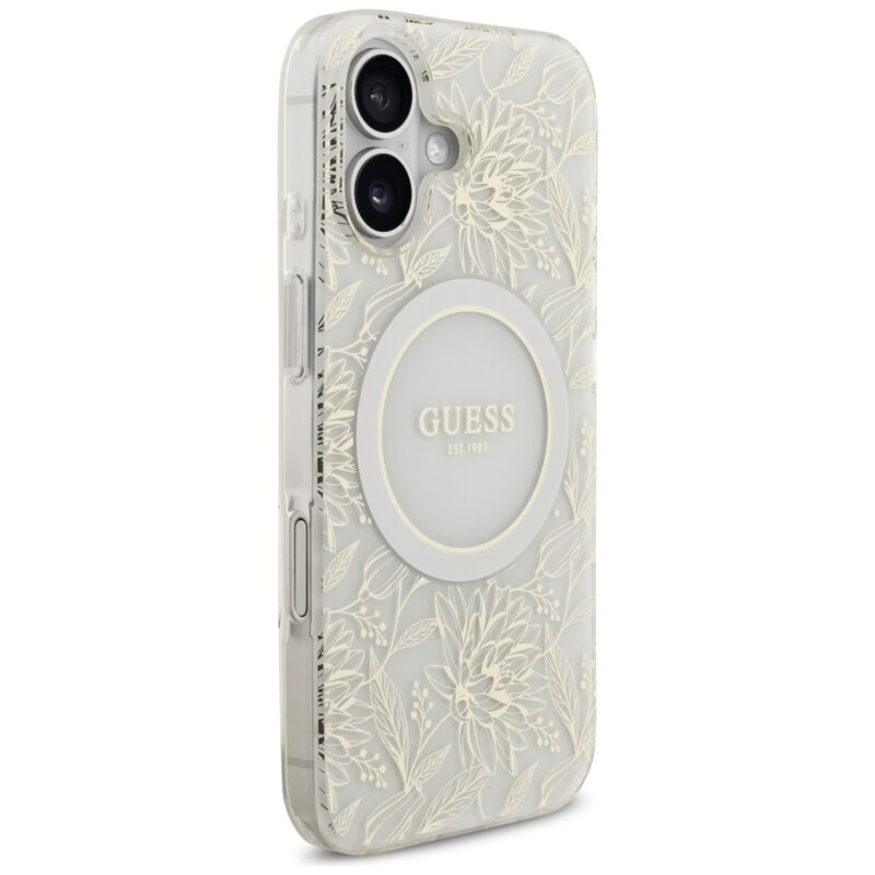 Husa iPhone 17 originala Guess IML Flowers with Pearl Strap MagSafe, alb,