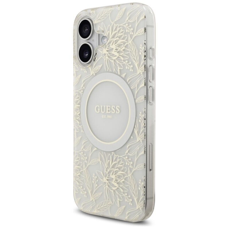 Husa iPhone 17 originala Guess IML Flowers with Pearl Strap MagSafe, alb,