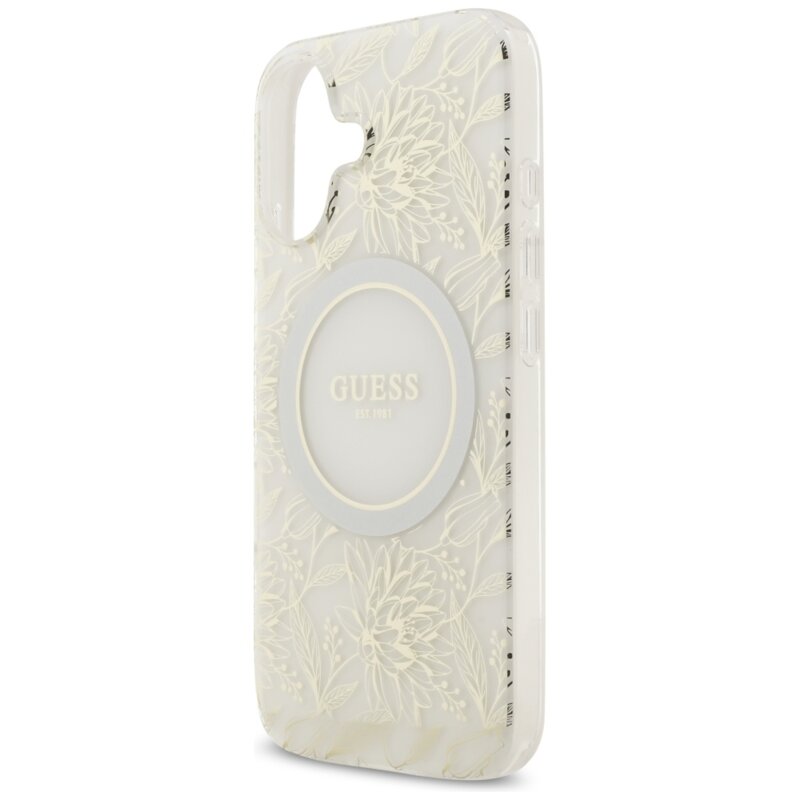 Husa iPhone 17 originala Guess IML Flowers with Pearl Strap MagSafe, alb,