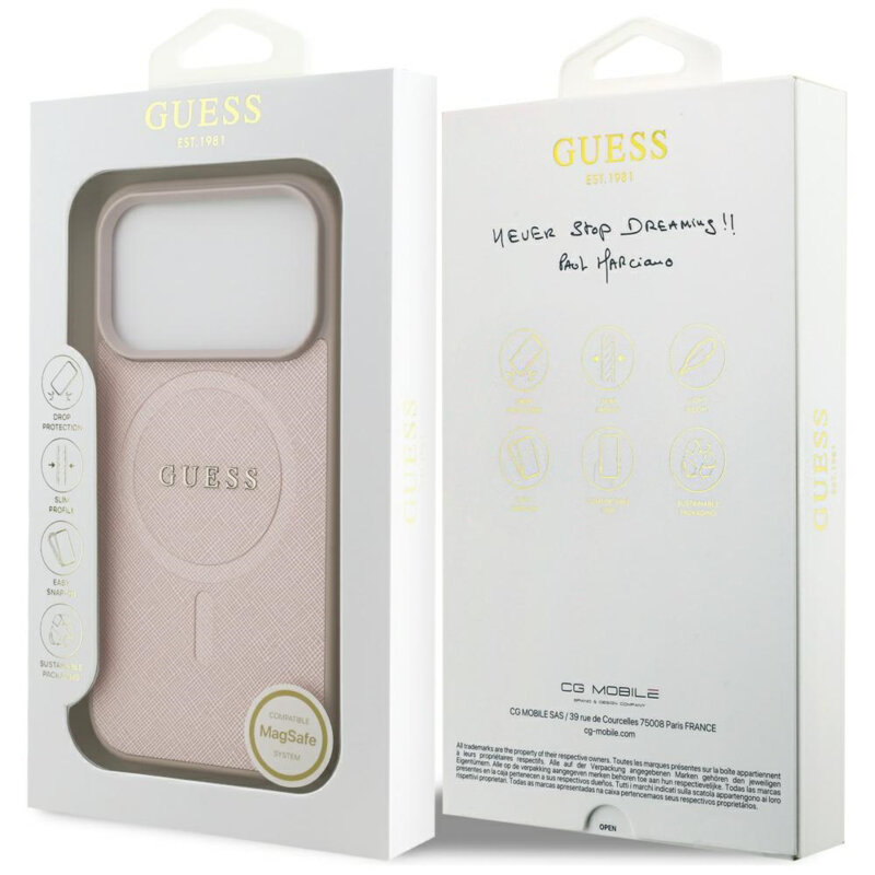 Husa Guess Saffiano Classic Logo MagSafe iPhone 17 Pro, roz, GUHMP17LPSAHMCP