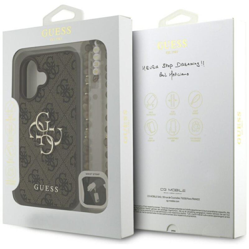 Husa originala Guess iPhone 16 Hardcase 4G Classic Logo with Strap, maro, GUHCP16SP4GMGSW