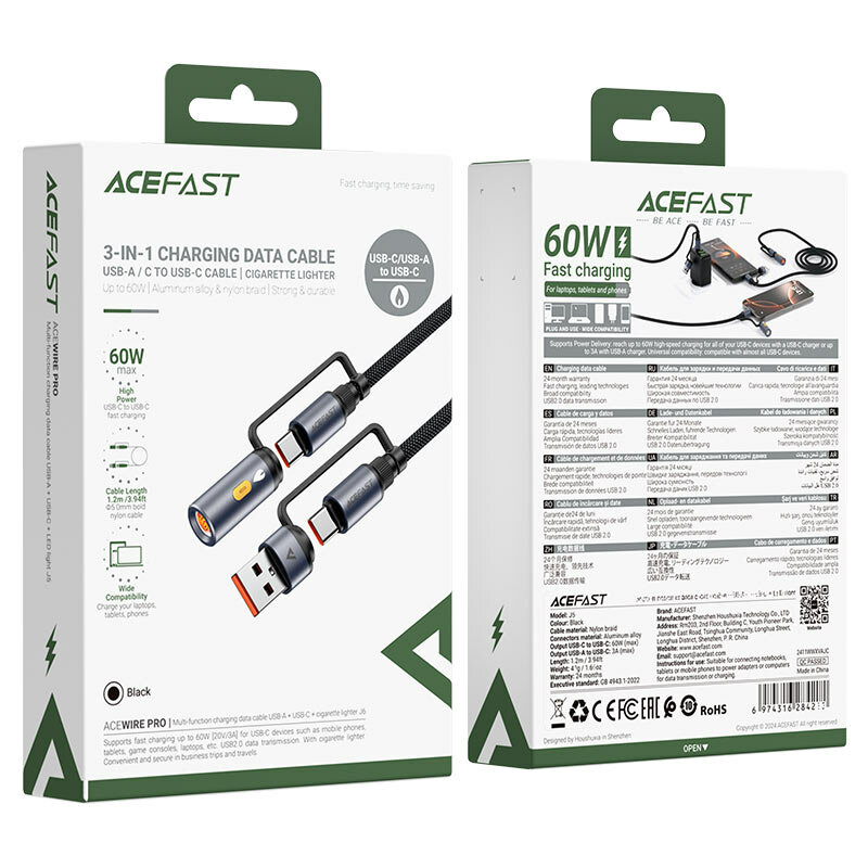 Cablu USB, tip C, bricheta auto 4in1, 60W, Acefast, J6, 1.2m