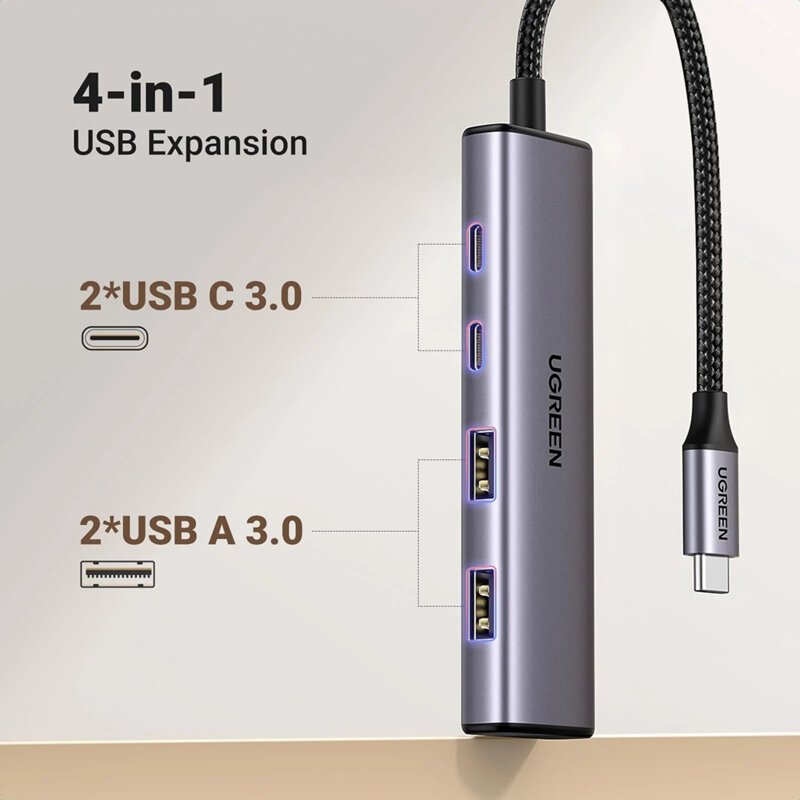 Hub Type-C la 2x Type-C, 2x USB Ugreen, 5Gbps, gri, 15395