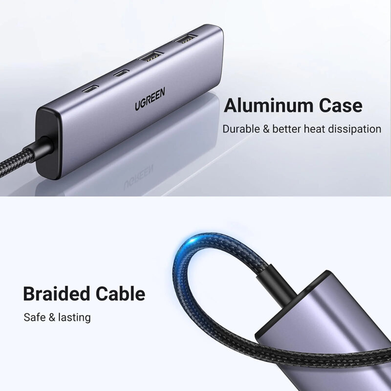 Hub Type-C la 2x Type-C, 2x USB Ugreen, 5Gbps, gri, 15395