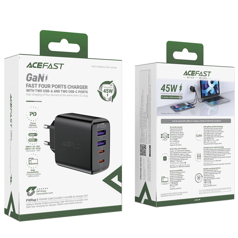 Incarcator priza USB, tip C, GaN Acefast, A61, PD45W, negru