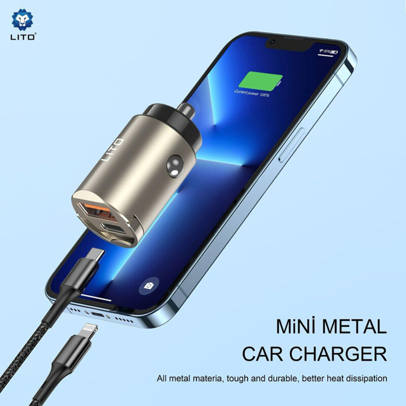 Incarcator auto USB, Type-C 30W Lito, 12V-24V, Gunmetal