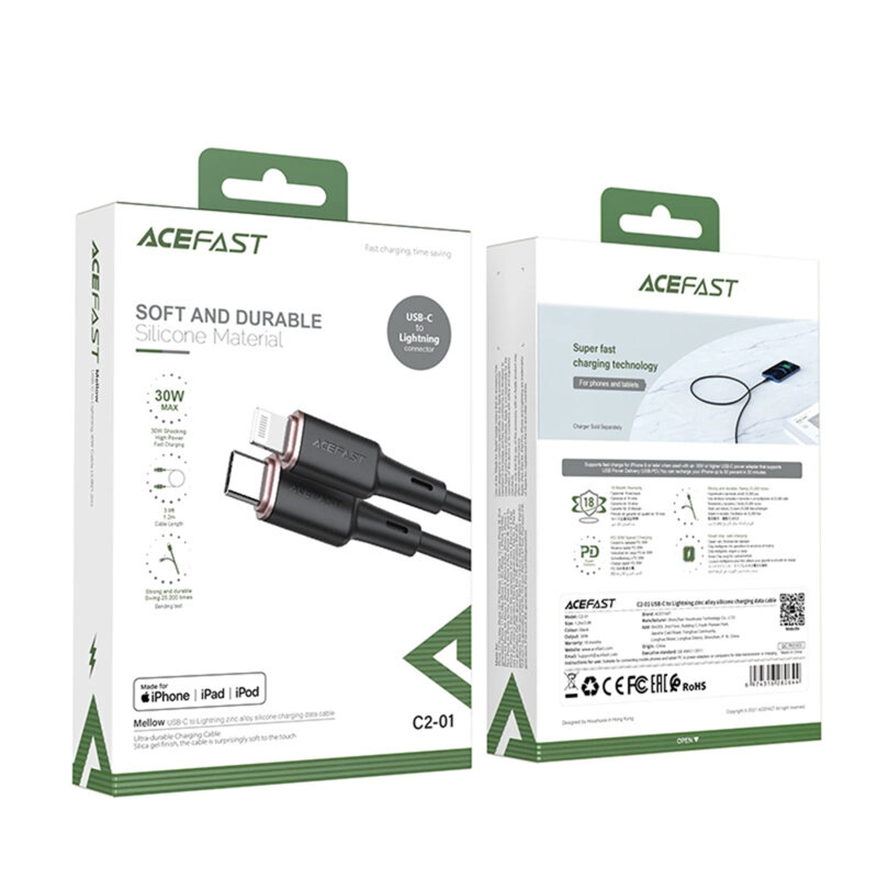 Cablu incarcare iPhone, 30W, 3A Acefast, C2-01, negru, 1.2m
