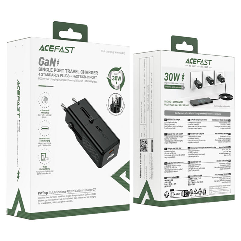 Adaptor priza GaN Type-C, EU, UK, AU, US Acefast Z7, PD30W