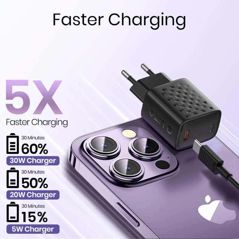 Incarcator priza Type-C PD30W Lito cu cablu Lightning, negru, LC17L