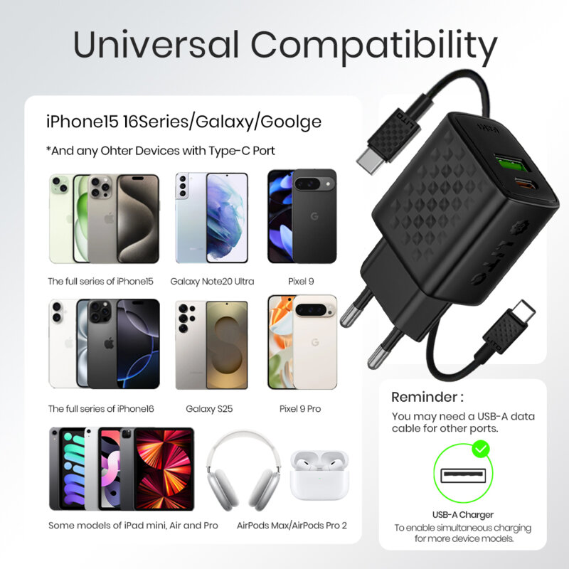 Incarcator priza Type-C, USB PD20W Lito cu cablu tip C, negru