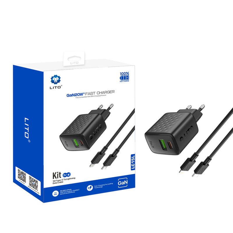 Incarcator priza Type-C, USB PD20W Lito cu cablu Lightning, negru, LC15L