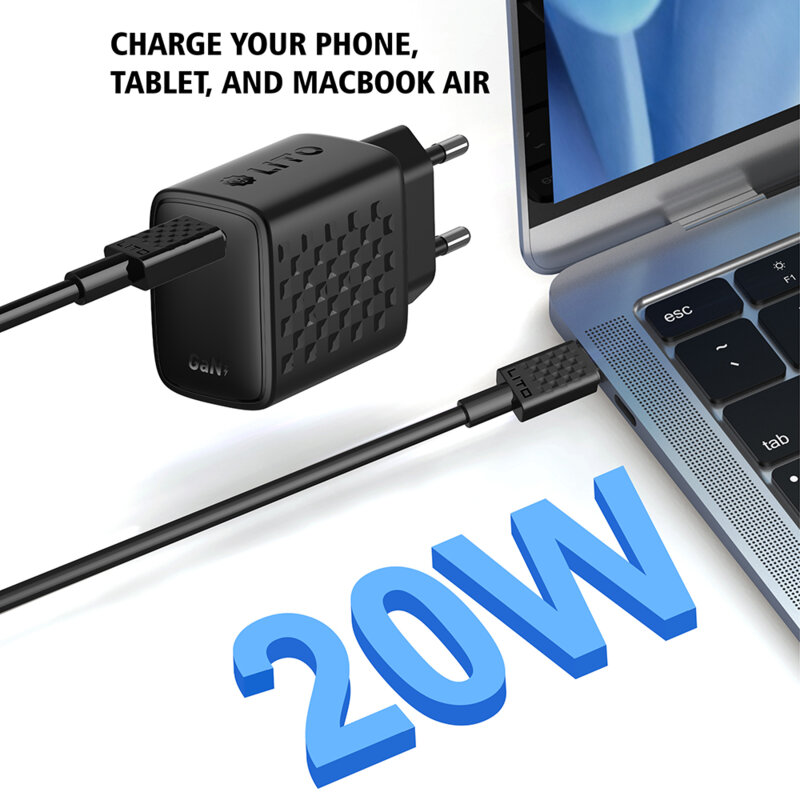 Incarcator priza Type-C PD20W Lito cu cablu tip C, negru, LC13T