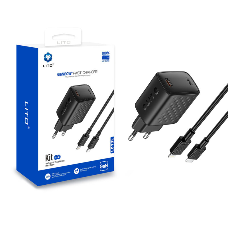 Incarcator priza Type-C PD20W Lito cu cablu Lightning, negru, LC13L