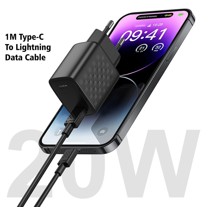 Incarcator priza Type-C PD20W Lito cu cablu Lightning, negru, LC13L