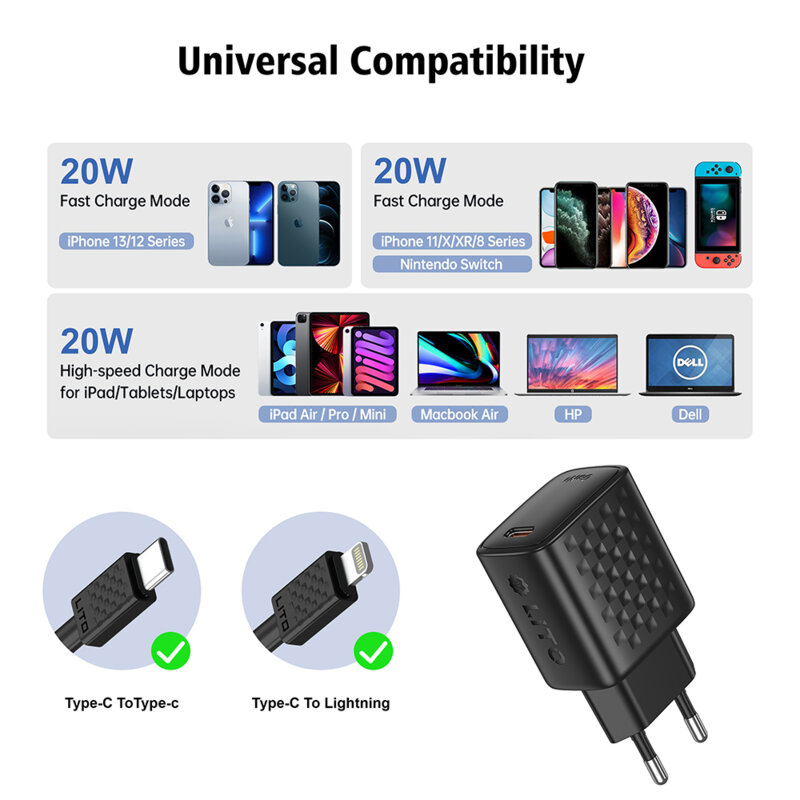 Incarcator priza Type-C PD20W Lito cu cablu Lightning, negru, LC13L