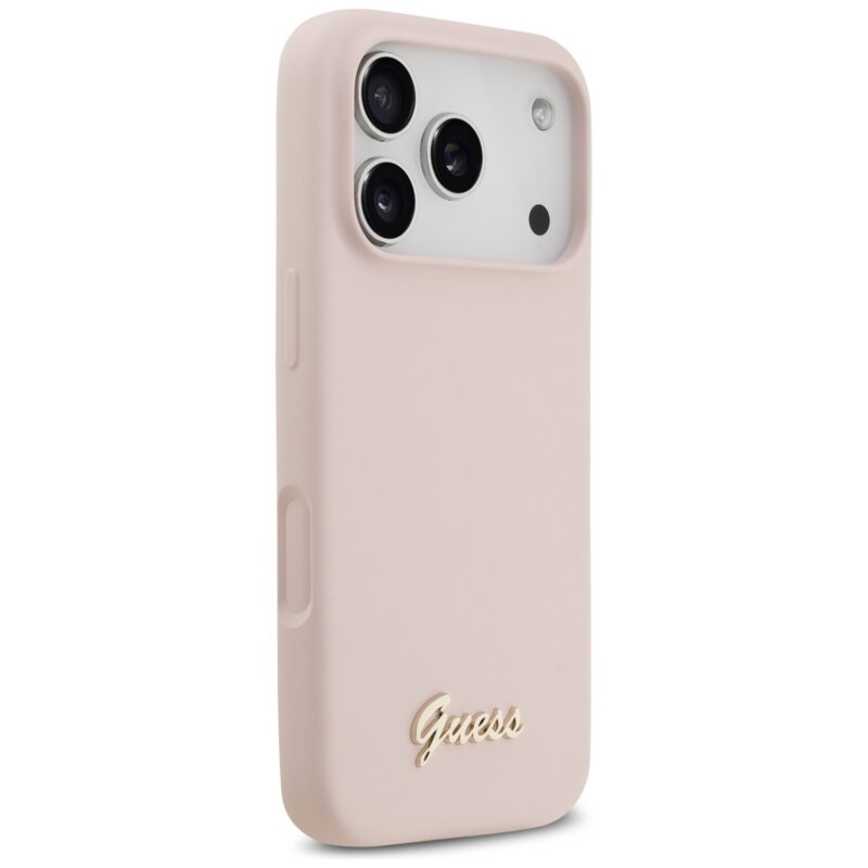 Husa Guess iPhone 17 Pro Silicone Script Metal Logo MagSafe, roz deschis, GUHMP17LSMBSLP