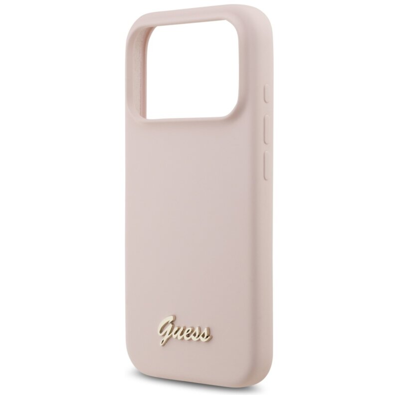 Husa Guess iPhone 17 Pro Silicone Script Metal Logo MagSafe, roz deschis, GUHMP17LSMBSLP