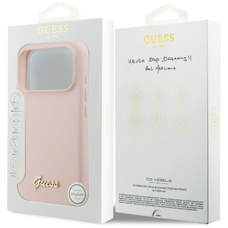 Husa Guess iPhone 17 Pro Silicone Script Metal Logo MagSafe, roz deschis, GUHMP17LSMBSLP