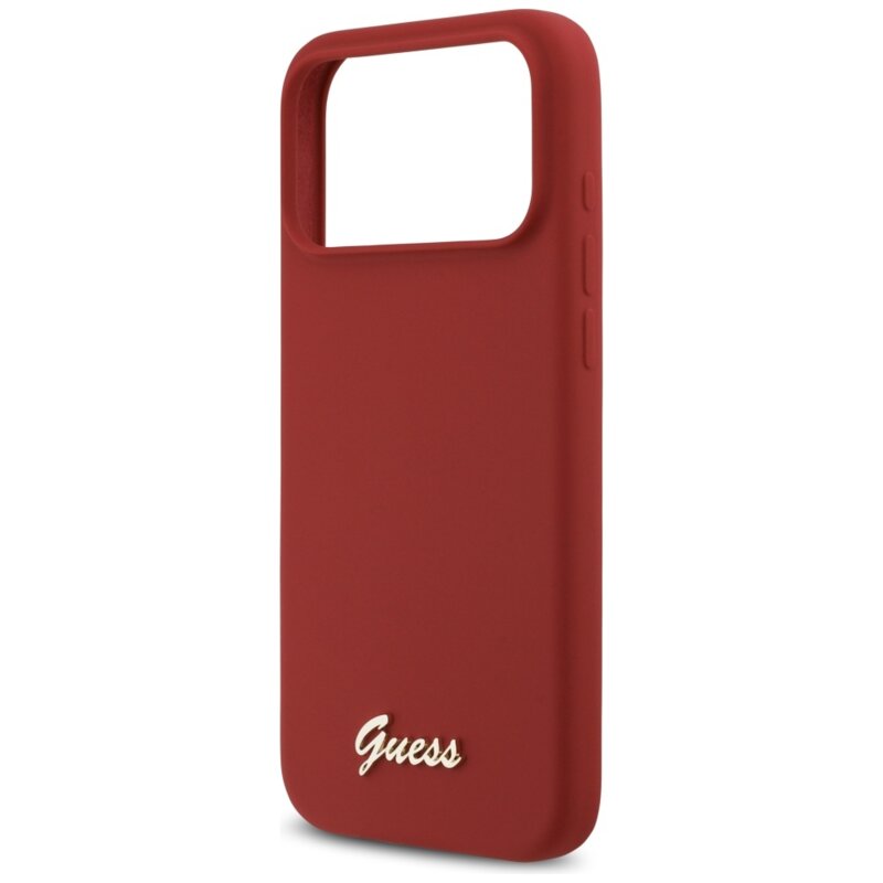 Husa Guess iPhone 17 Pro Max Silicone Script Metal Logo MagSafe, rosu, GUHMP17XSMBSLM