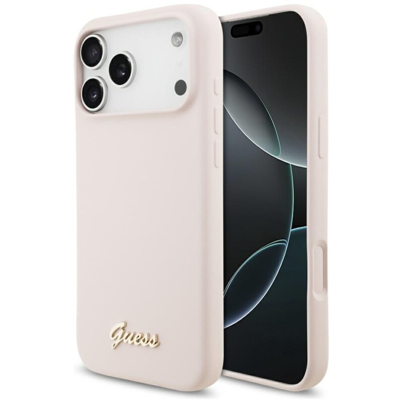 Husa Guess iPhone 17 Pro Max Silicone Script Metal Logo MagSafe, roz deschis, GUHMP17XSMBSLP