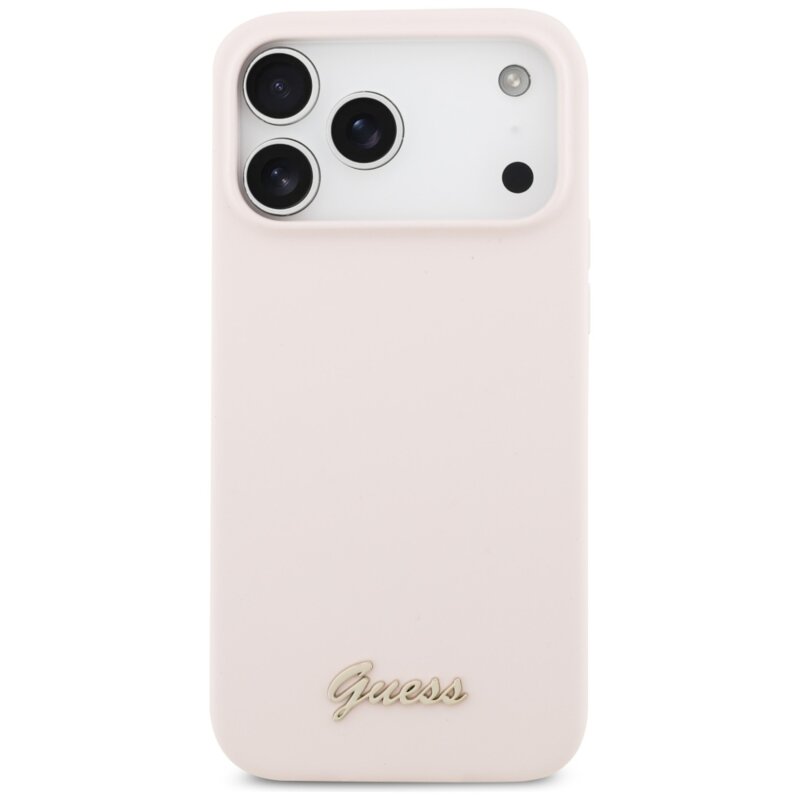 Husa Guess iPhone 17 Pro Max Silicone Script Metal Logo MagSafe, roz deschis, GUHMP17XSMBSLP