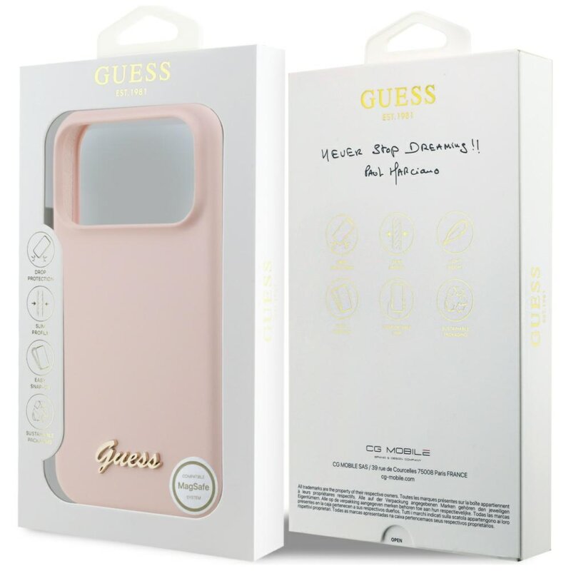 Husa Guess iPhone 17 Pro Max Silicone Script Metal Logo MagSafe, roz deschis, GUHMP17XSMBSLP