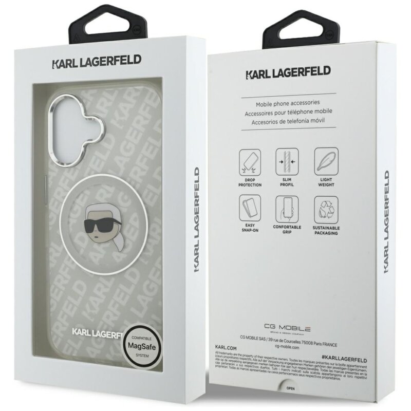 Husa iPhone 17 Karl Lagerfeld IML Karl Head Logo MagSafe, gri, KLHMP17SHMKBKHOG