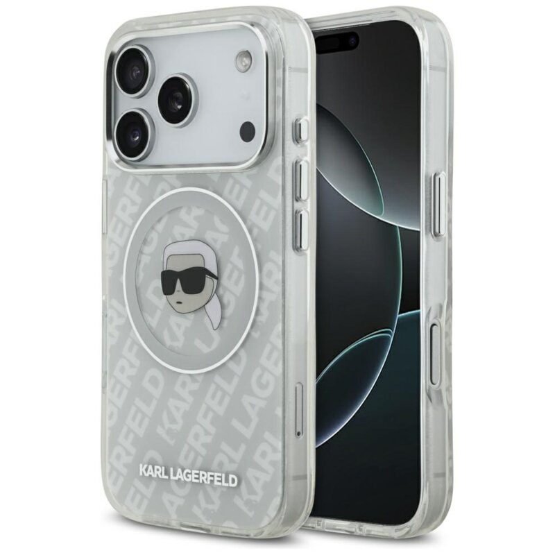 Husa iPhone 17 Pro Max Karl Lagerfeld IML Karl Head Logo MagSafe, gri, KLHMP17XHMKBKHOG