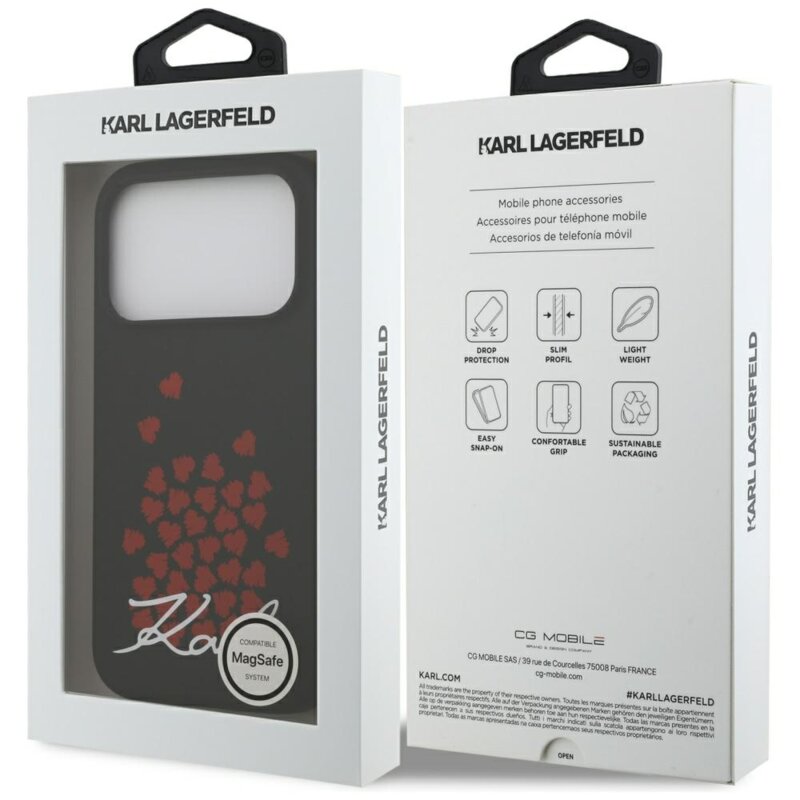 Husa Karl Lagerfeld iPhone 17 Pro Silicone Heart Sign Logo MagSafe, negru, KLHMP17LSMHBKSOK