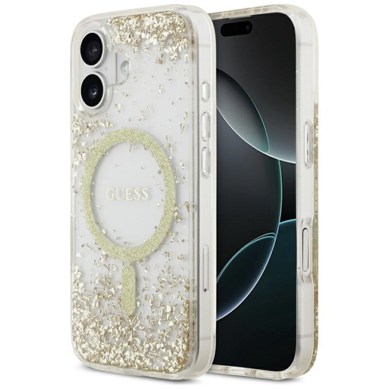 Husa originala Guess iPhone 17 Resin Bottom Glitter MagSafe, auriu, GUHMP17SRGRGED