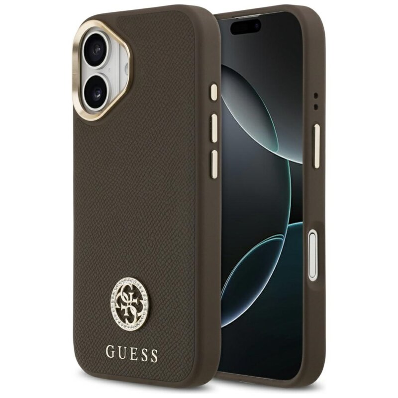 Husa iPhone 17 Guess Grained Strass Logo MagSafe, maro, GUHMP17SPGCRMDEW